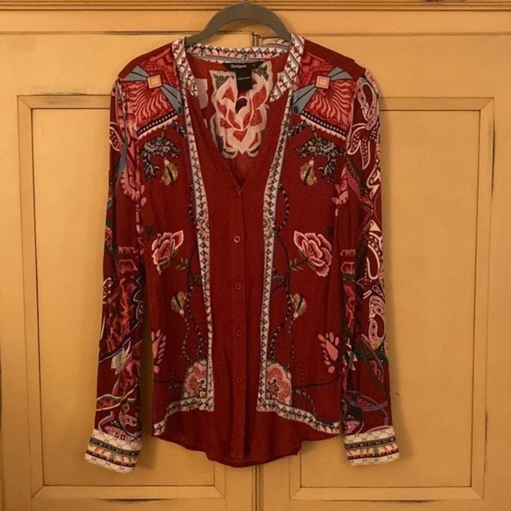 NWT Desigual Red Floral Button Up Blouse Size XS
